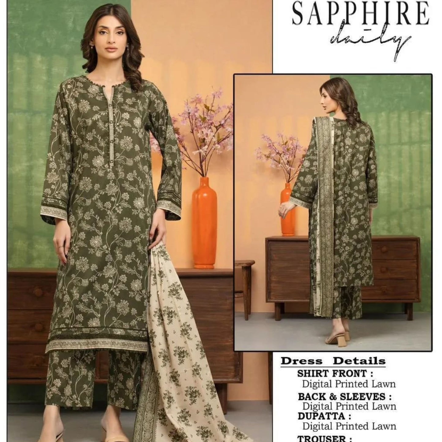 SAPPHIRE 3 PIECE Unstitched Green Lawn Suit | GlamMashion