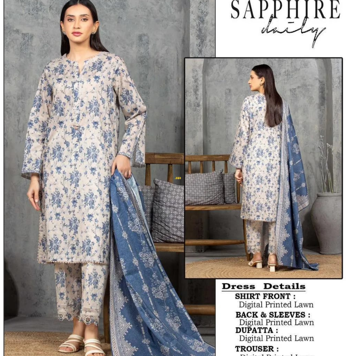 👗 WOMEN’S FLORAL  SAPPHIRE Lawn 3-Piece Unstitched Suit |GlamMashion