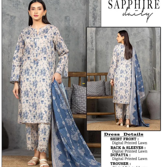👗 WOMEN’S FLORAL  SAPPHIRE Lawn 3-Piece Unstitched Suit |GlamMashion