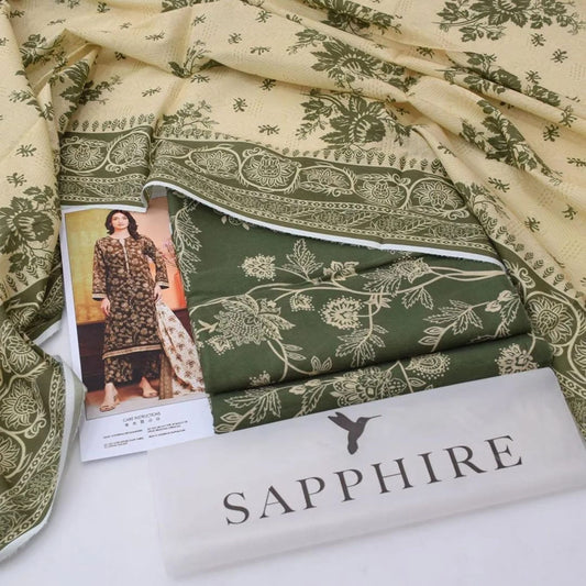 SAPPHIRE 3 PIECE Unstitched Green Lawn Suit | GlamMashion